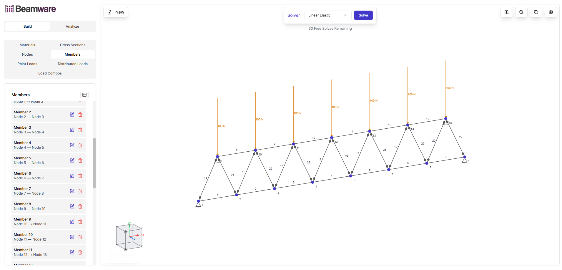 Beamware frame solver workspace showing structural model and canvas