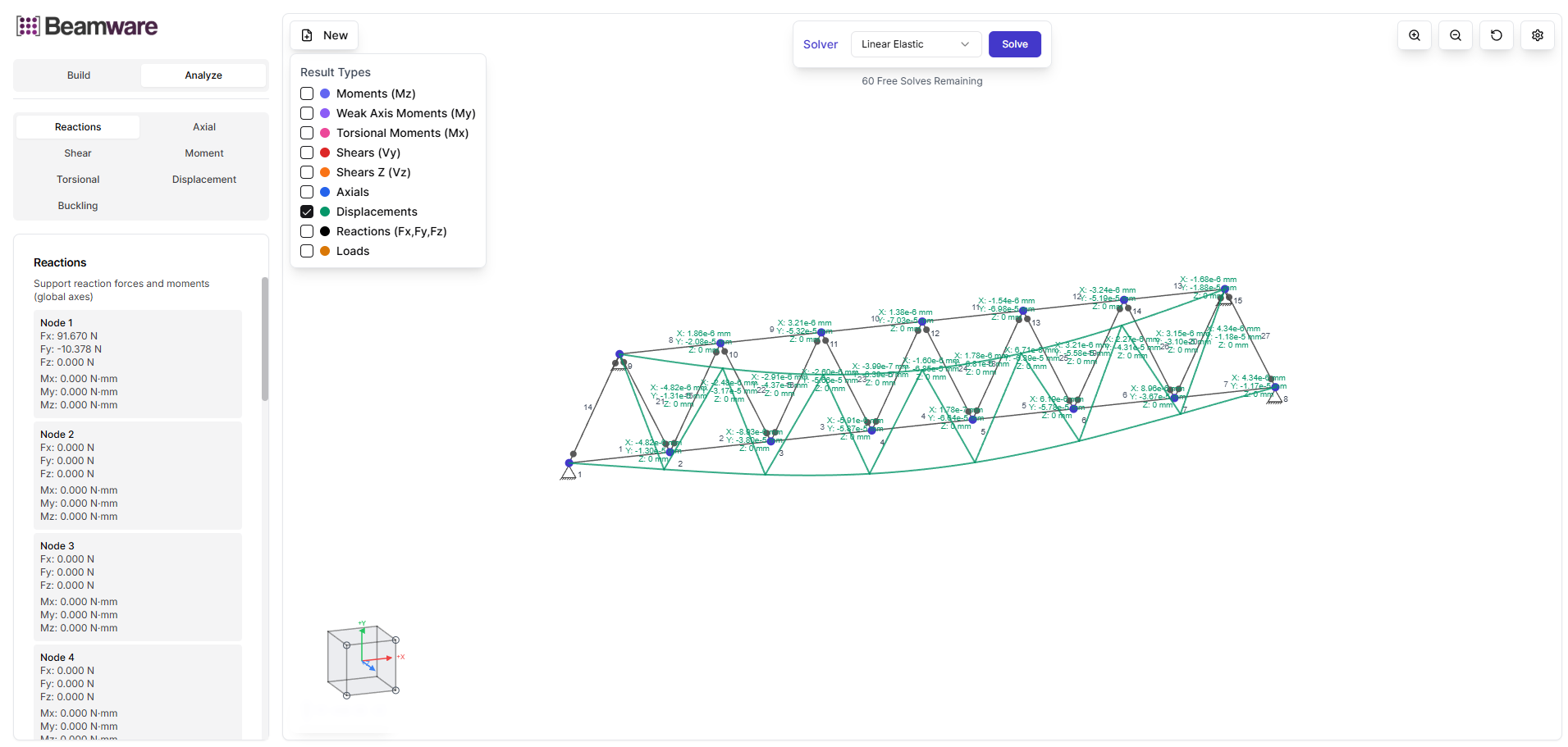 Beamware frame solver results and diagrams on the workspace